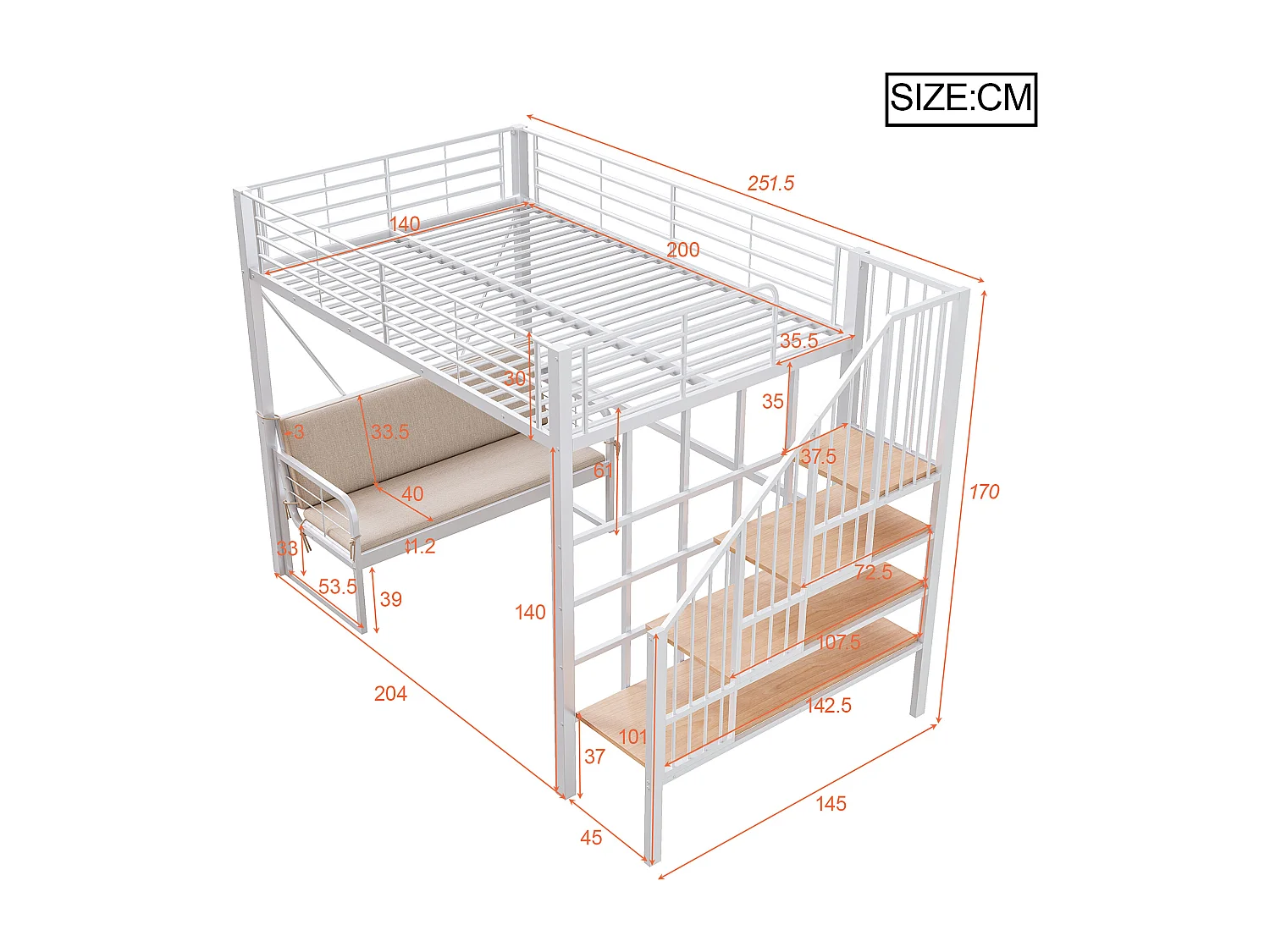 Lit mezzanine enfant 140x200 cm en métal avec canapé et rangement - Blanc