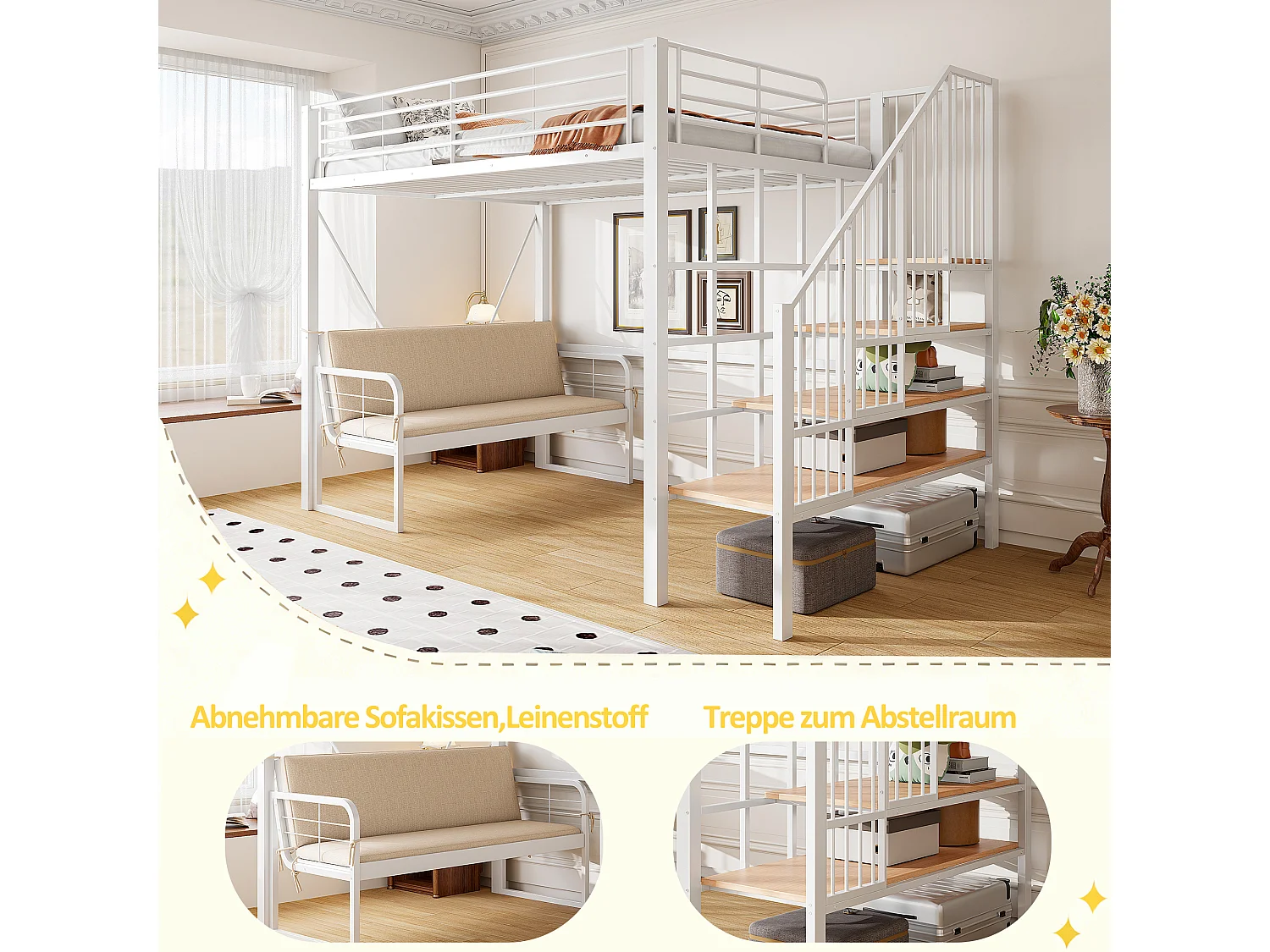 Lit mezzanine enfant 140x200 cm en métal avec canapé et rangement - Blanc