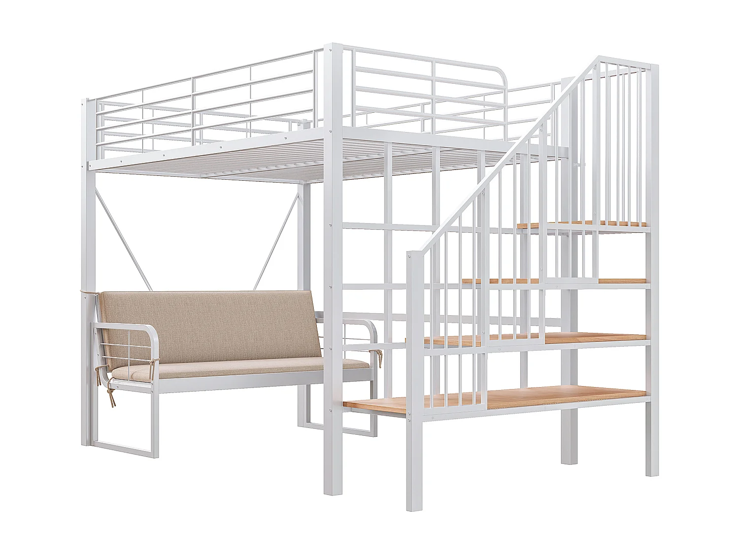 Lit mezzanine enfant 140x200 cm en métal avec canapé et rangement - Blanc