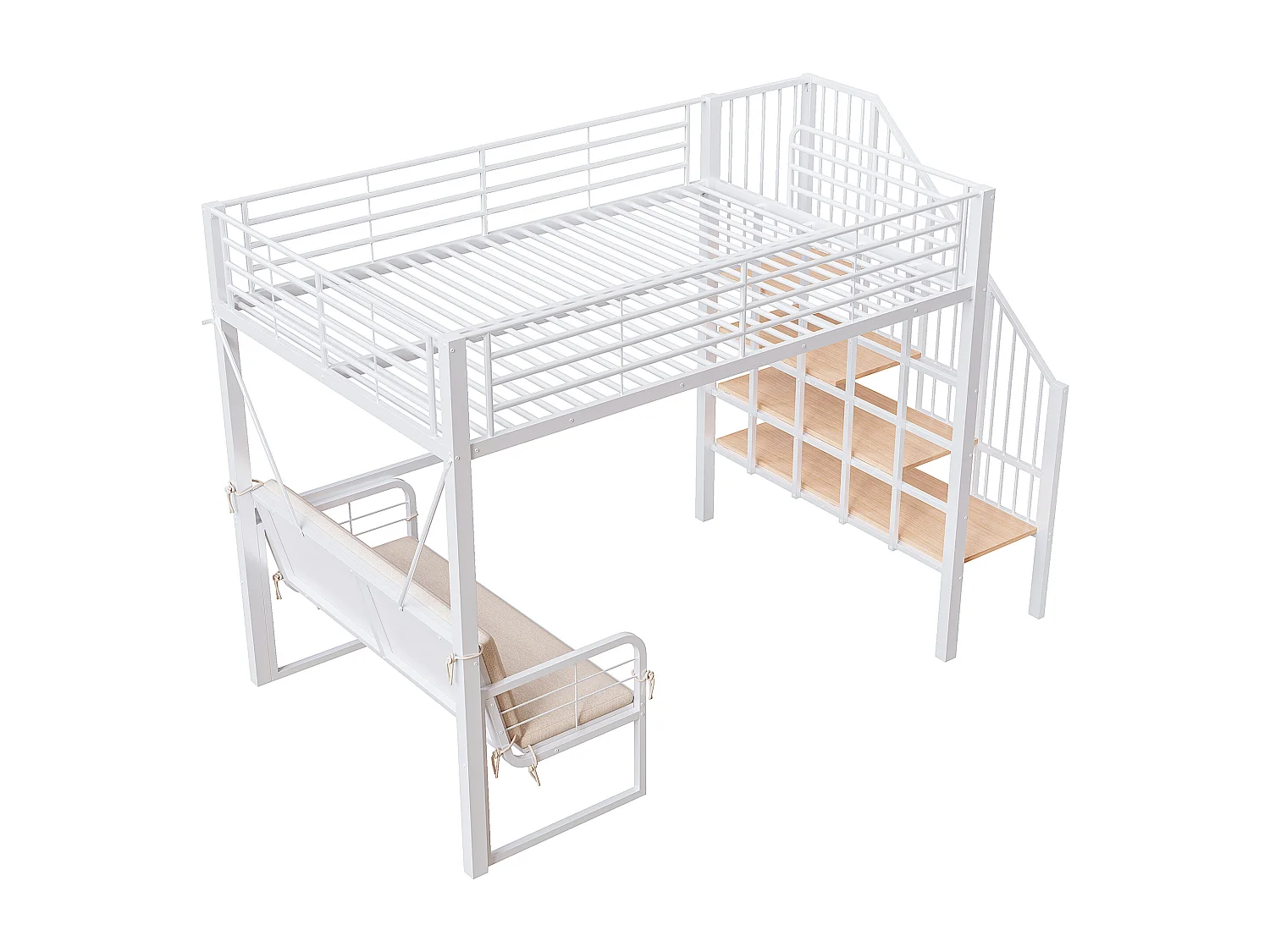 Lit mezzanine enfant 140x200 cm en métal avec canapé et rangement - Blanc