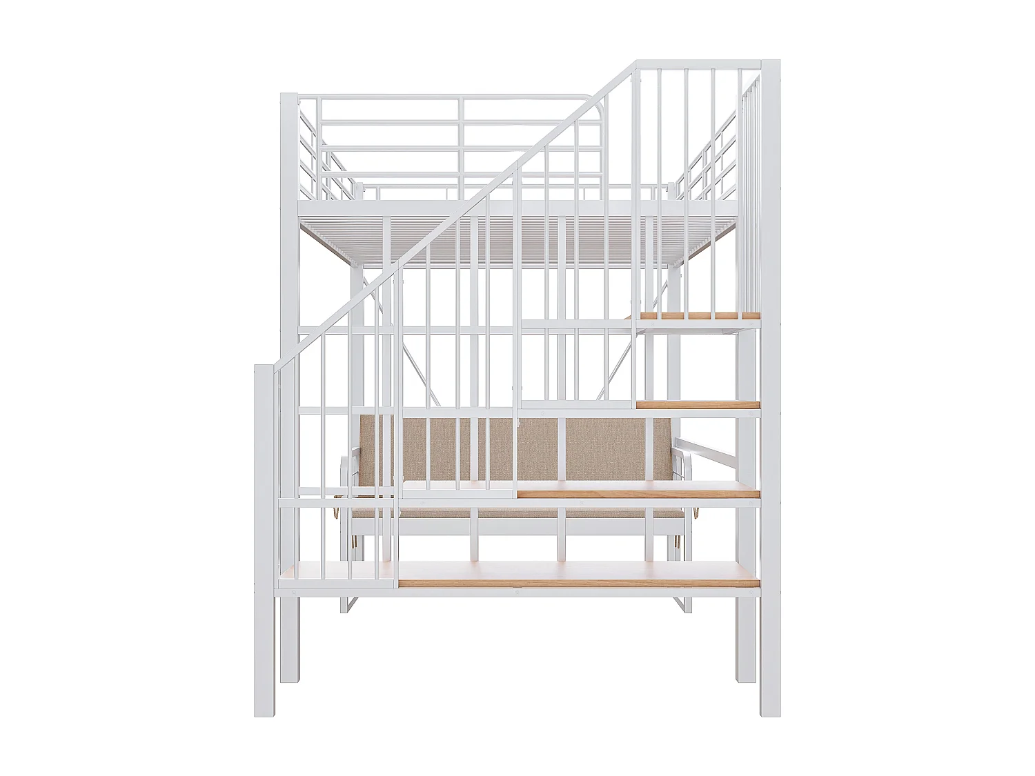 Lit mezzanine enfant 140x200 cm en métal avec canapé et rangement - Blanc