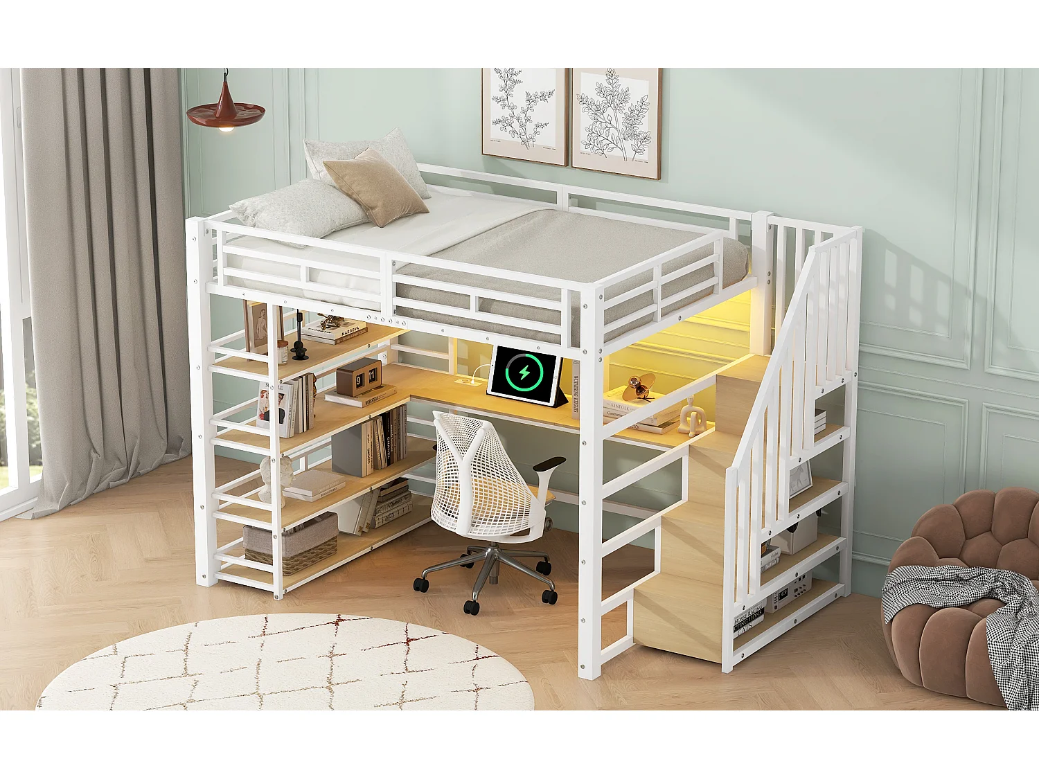 Lit mezzanine 140x200 cm avec bureau, port USB et rangements - Métal blanc