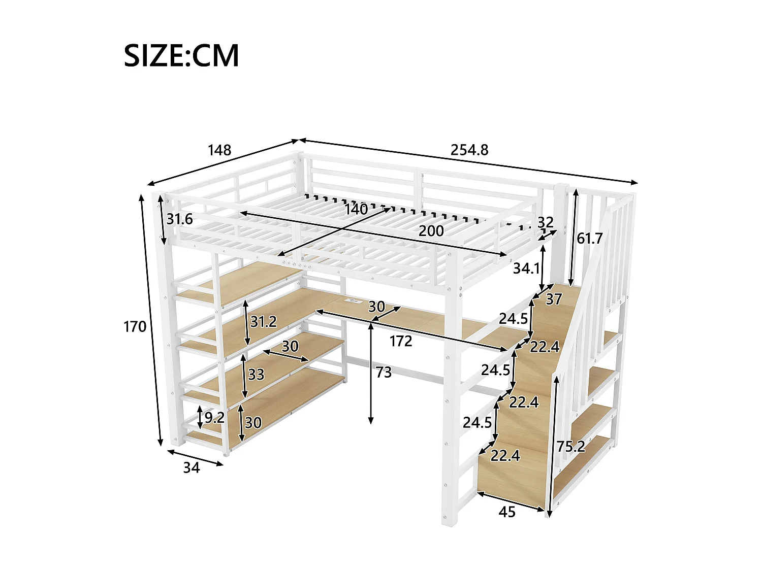 Lit mezzanine 140x200 cm avec bureau, port USB et rangements - Métal blanc