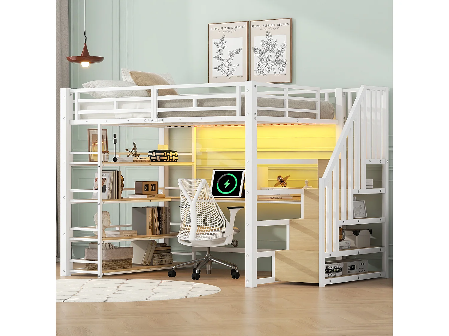 Lit mezzanine 140x200 cm avec bureau, port USB et rangements - Métal blanc