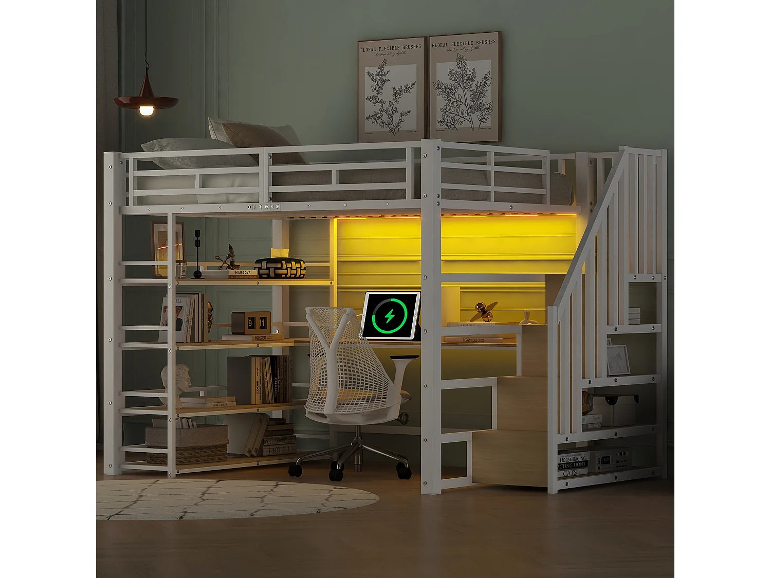 Lit mezzanine 140x200 cm avec bureau, port USB et rangements - Métal blanc