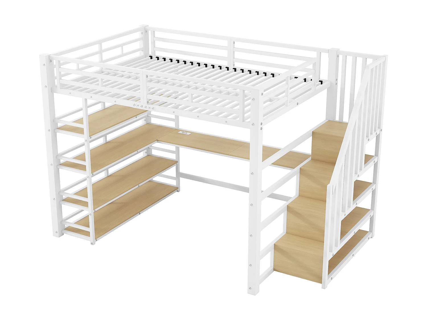 Lit mezzanine 140x200 cm avec bureau, port USB et rangements - Métal blanc
