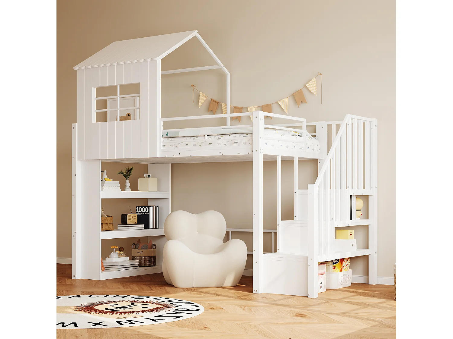 Letto a soppalco in metallo 90x200 cm con mensole e vano contenitore - Bianco