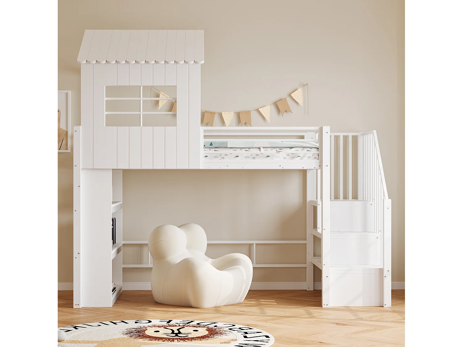 Letto a soppalco in metallo 90x200 cm con mensole e vano contenitore - Bianco