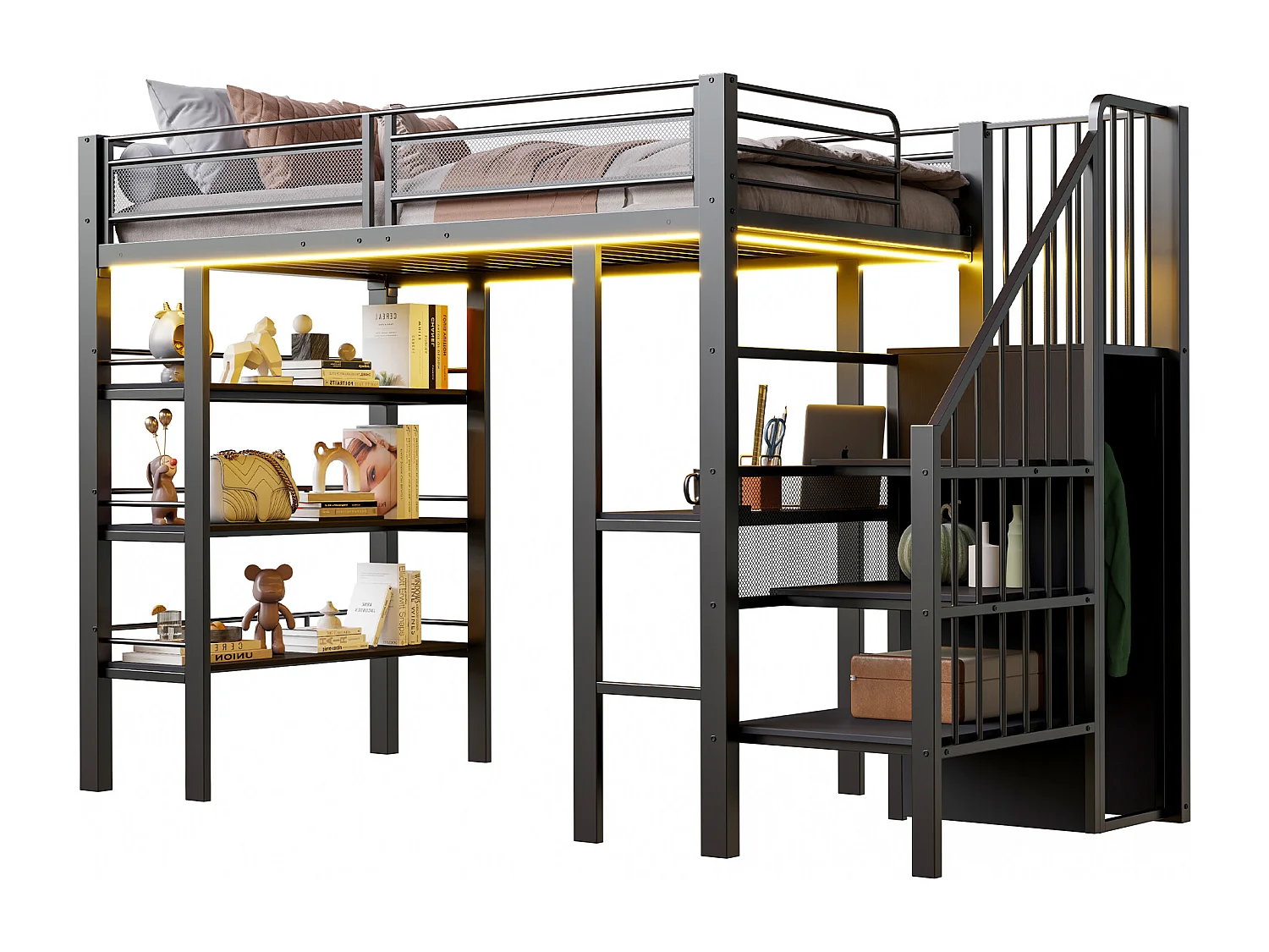 Lit mezzanine 90x200 cm avec bureau, LED et prise USB - Métal noir et bois MDF