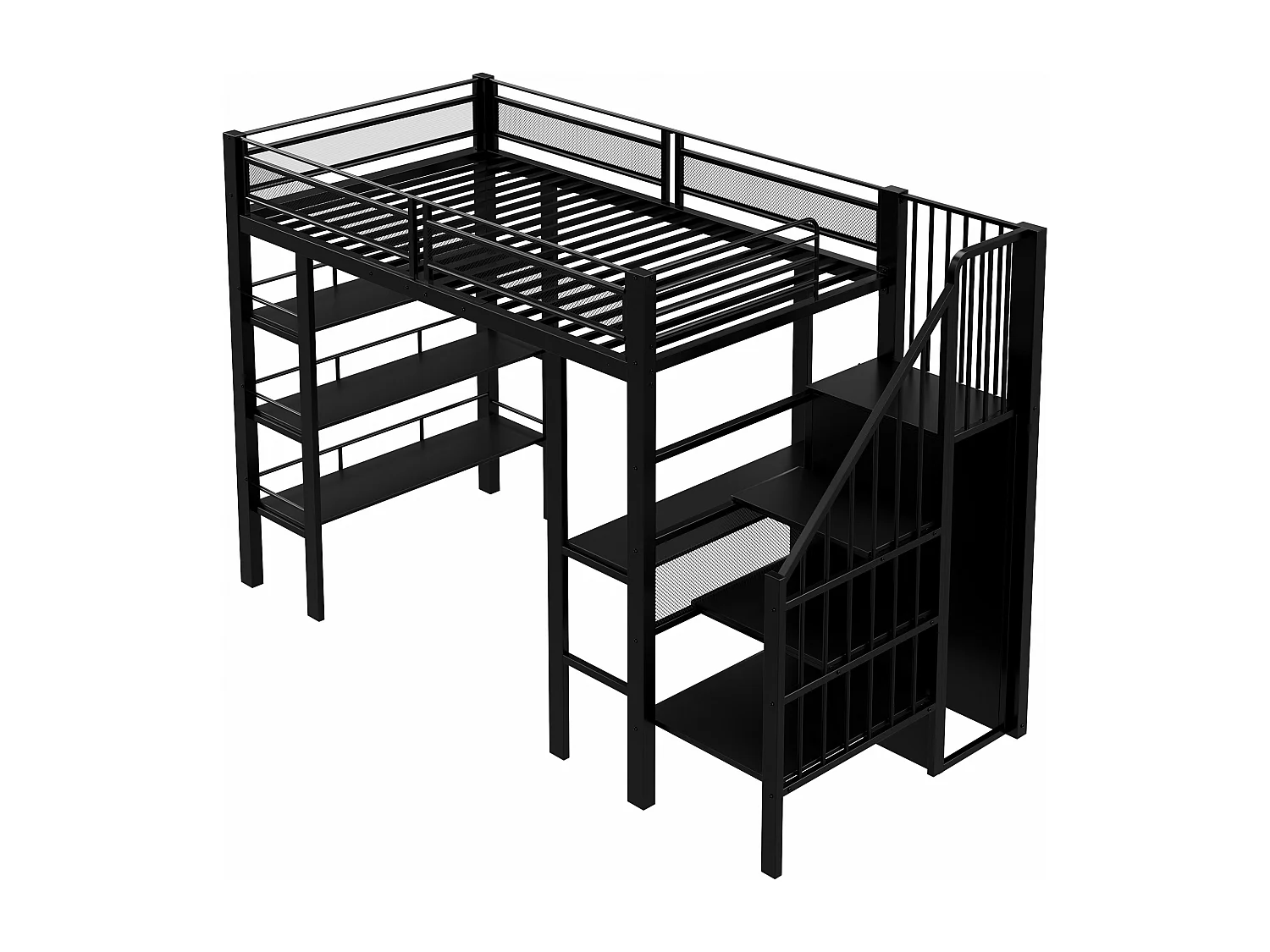 Lit mezzanine 90x200 cm avec bureau, LED et prise USB - Métal noir et bois MDF