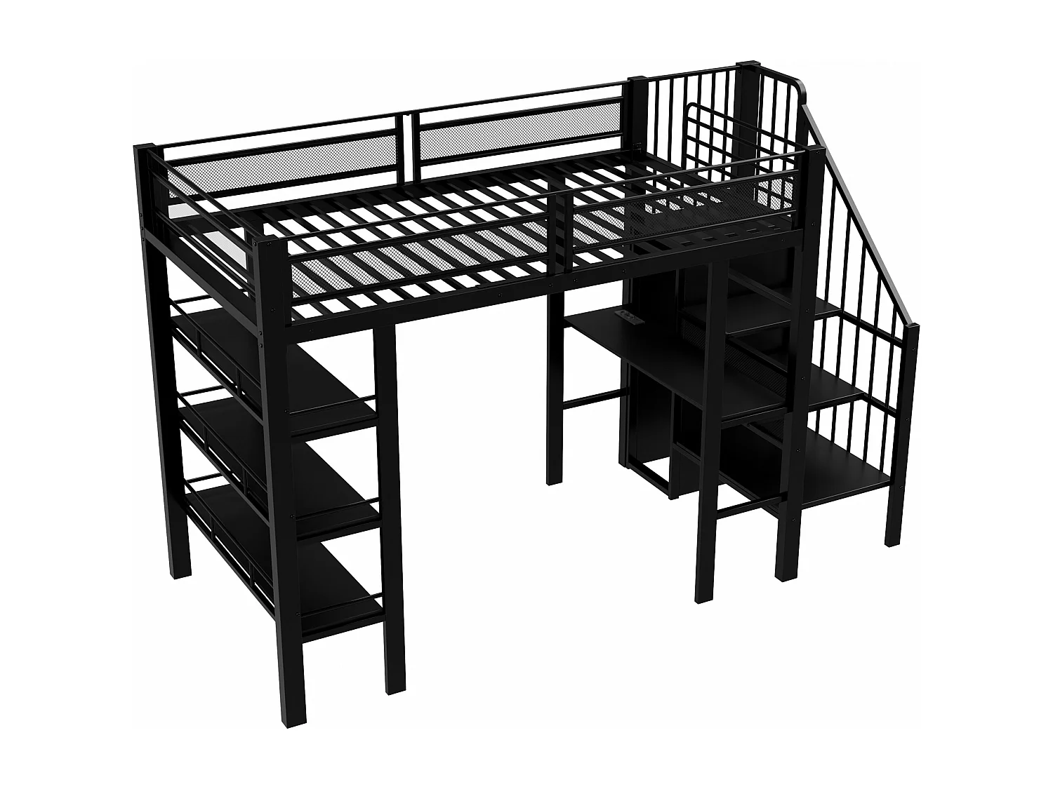 Lit mezzanine 90x200 cm avec bureau, LED et prise USB - Métal noir et bois MDF