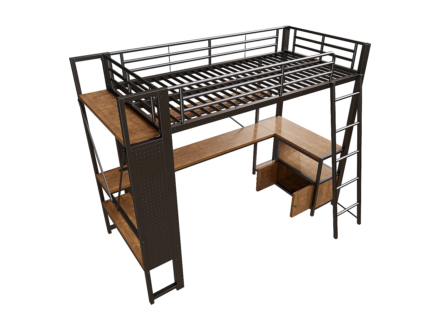 Letto a soppalco per bambini 90x200 cm in metallo nero con scrivania, ripiani, LED e USB.