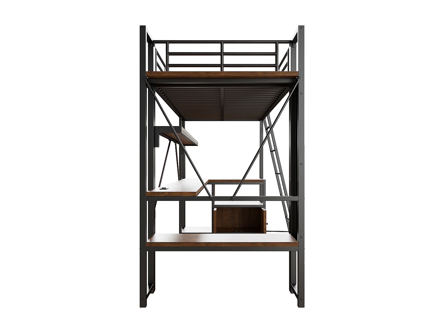 Letto a soppalco per bambini 90x200 cm in metallo nero con scrivania, ripiani, LED e USB.