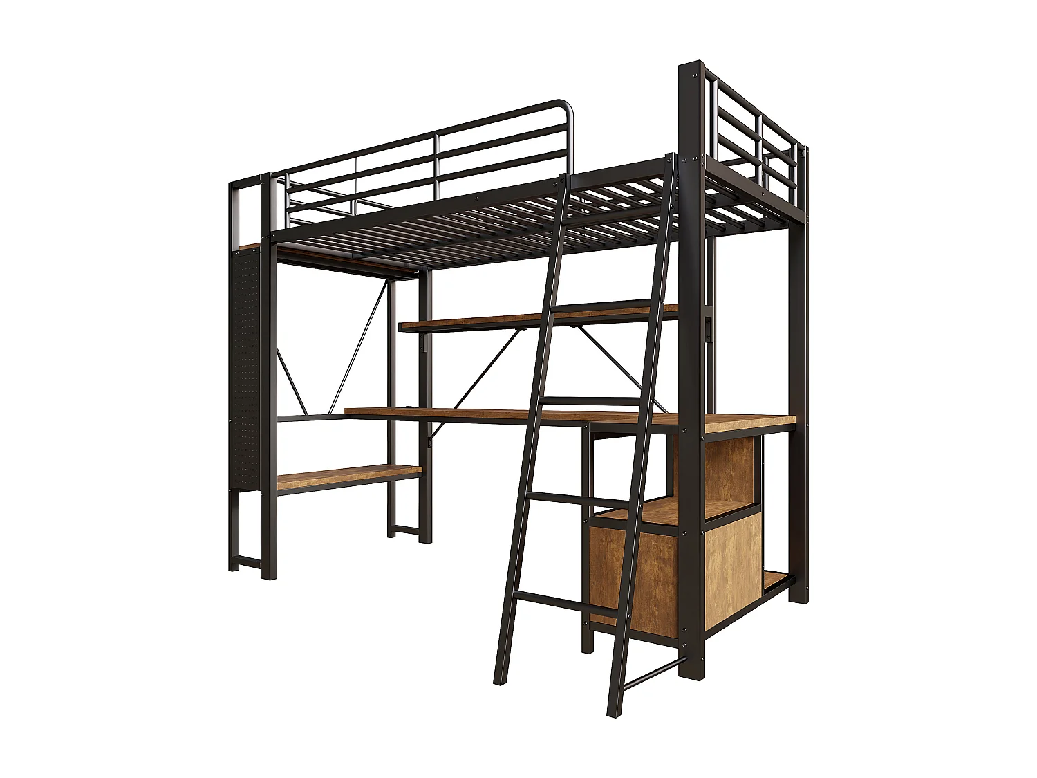 Letto a soppalco per bambini 90x200 cm in metallo nero con scrivania, ripiani, LED e USB.