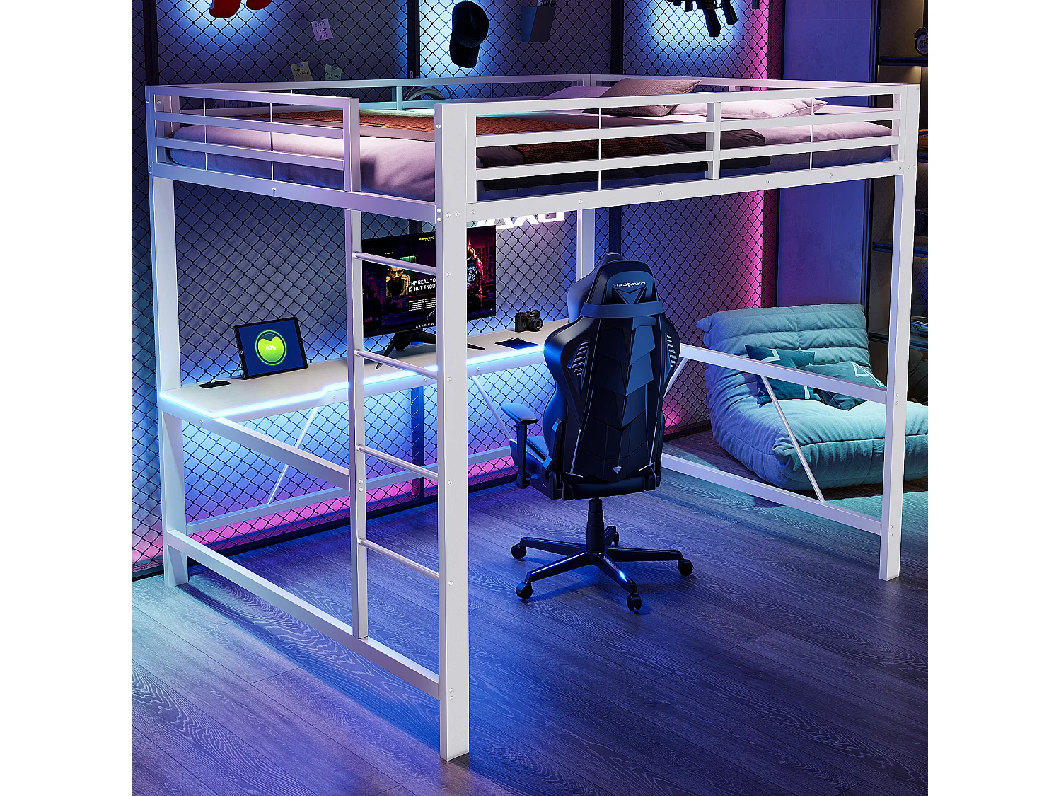 Lit mezzanine LED 160x200 cm avec bureau et port de charge, métal blanc