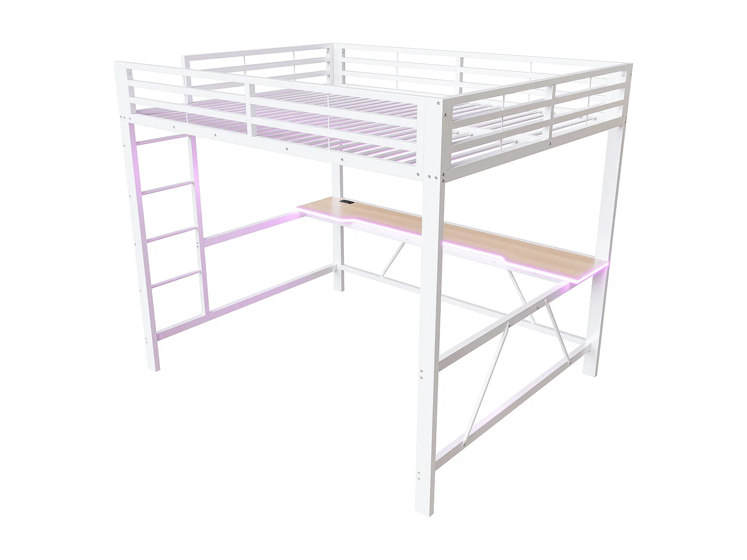 Lit mezzanine LED 160x200 cm avec bureau et port de charge, métal blanc