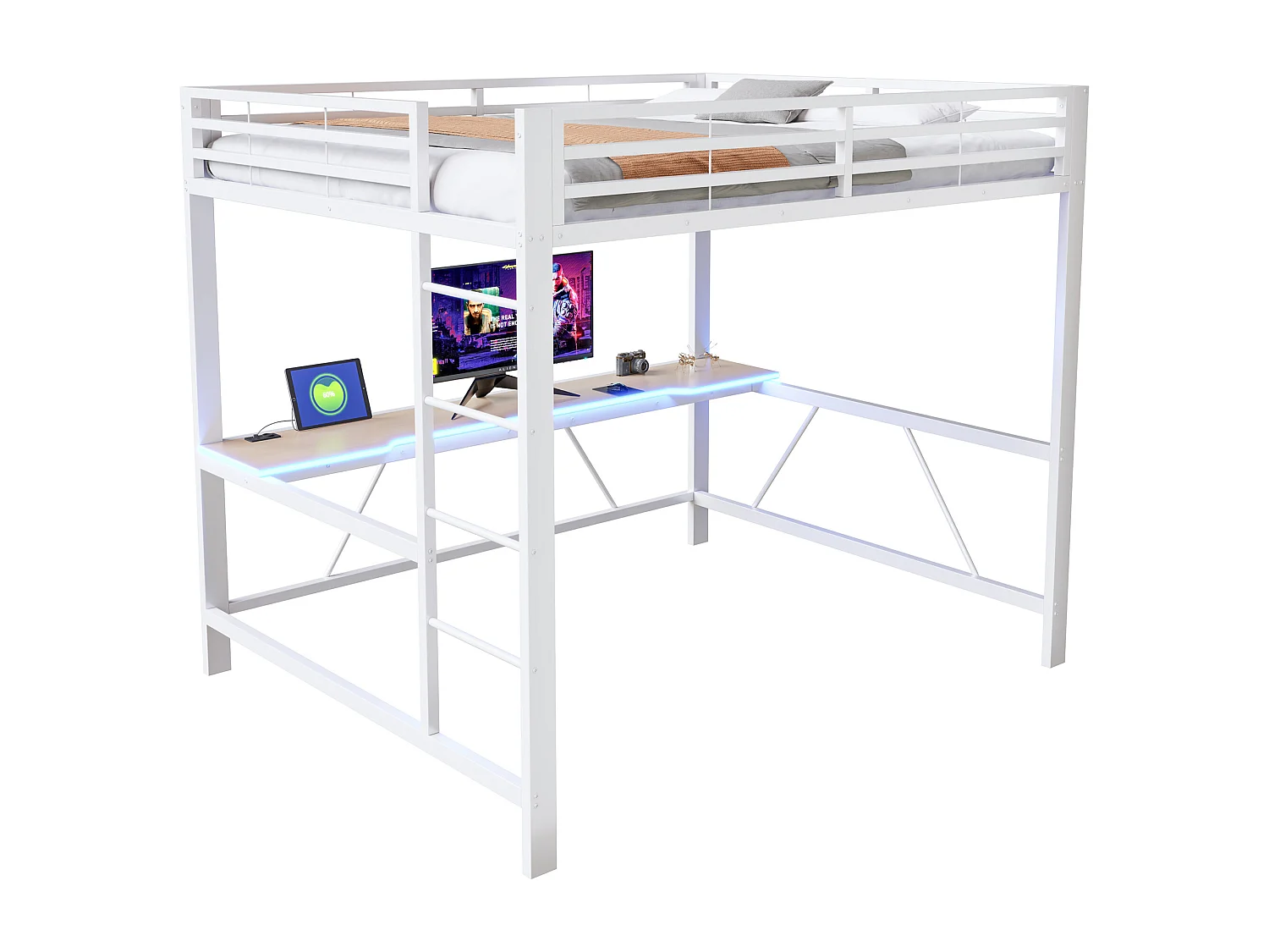 Lit mezzanine LED 160x200 cm avec bureau et port de charge, métal blanc