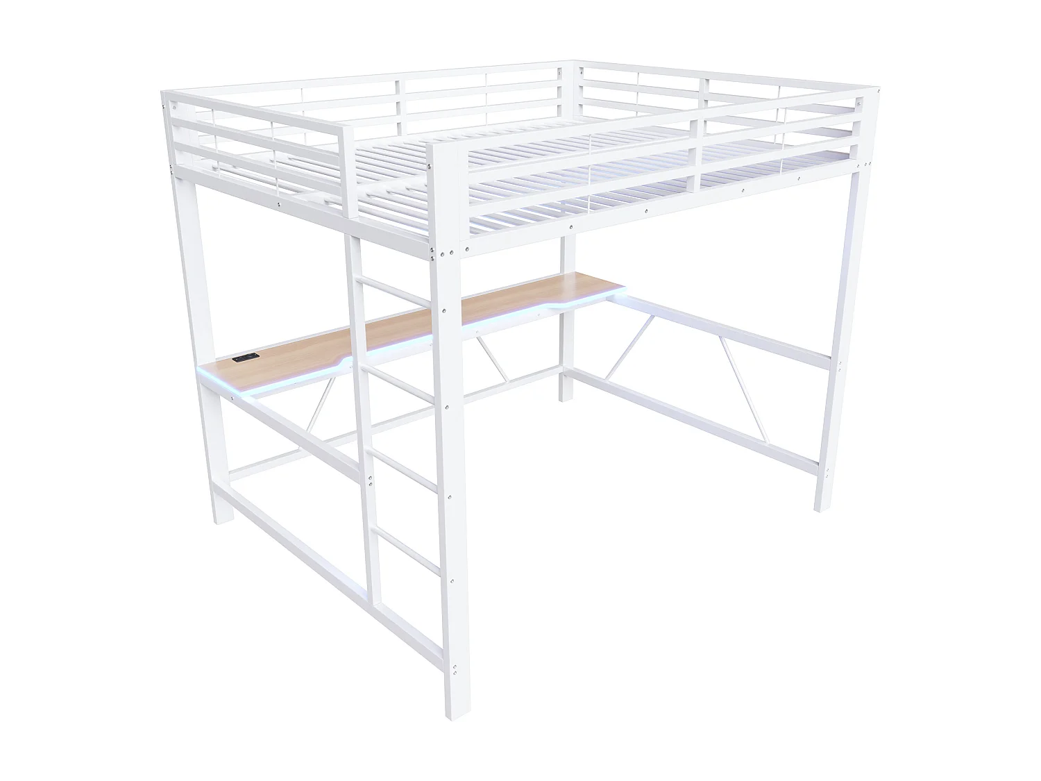 Lit mezzanine LED 160x200 cm avec bureau et port de charge, métal blanc