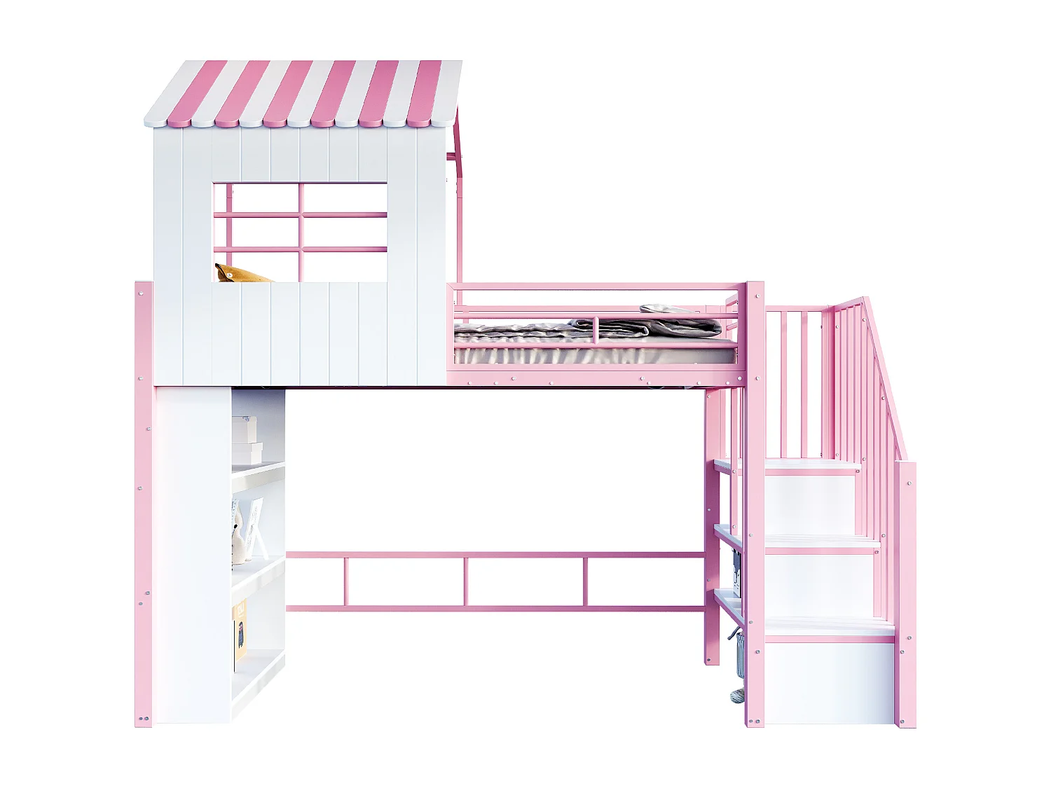 Lit mezzanine cabane 90x200 cm en métal avec étagères, rangements - Rose + blanc