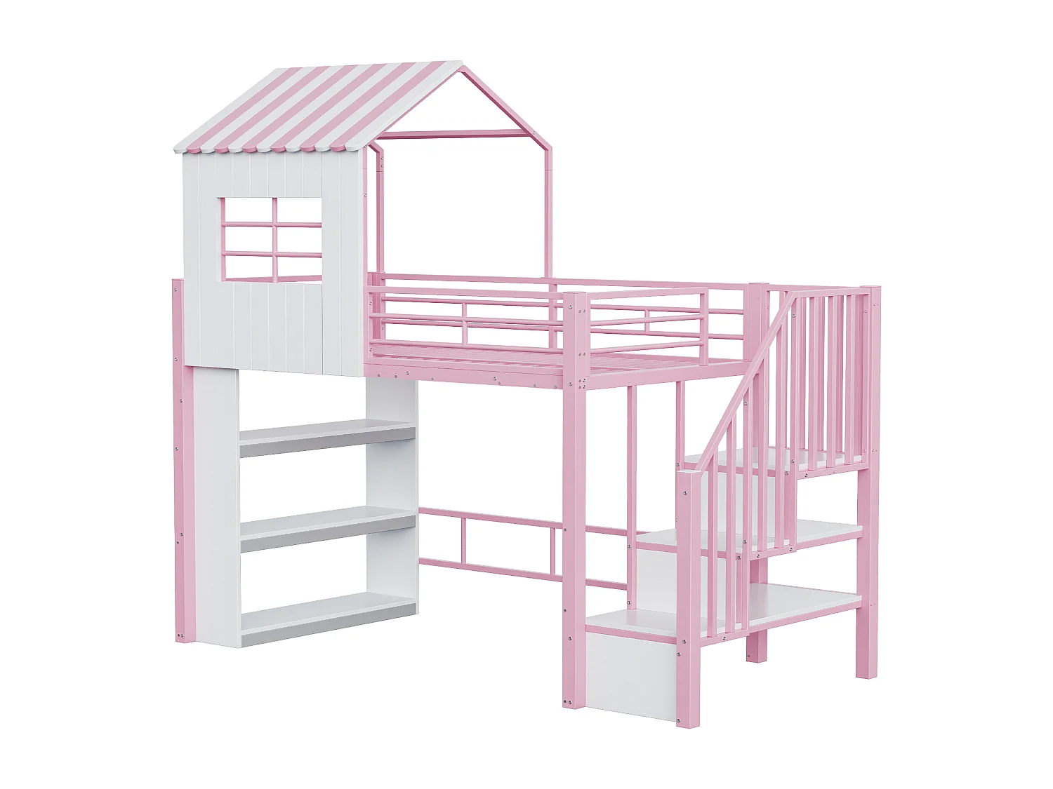 Lit mezzanine cabane 90x200 cm en métal avec étagères, rangements - Rose + blanc