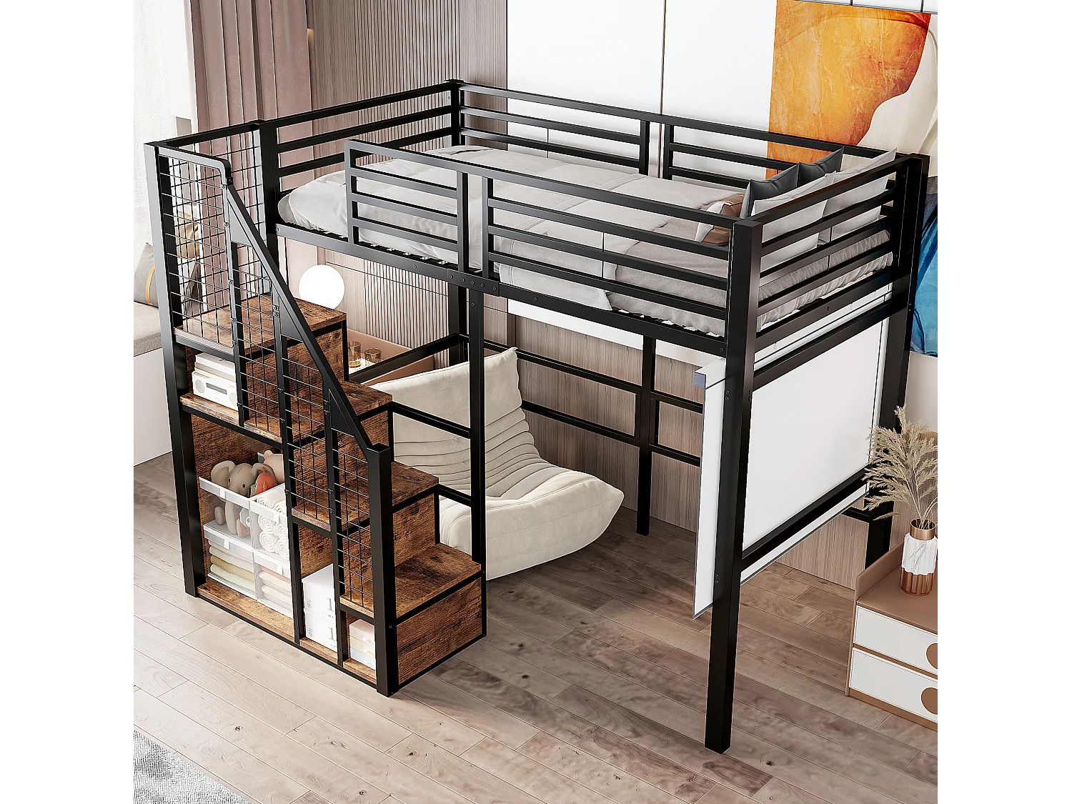 Lit mezzanine enfant 90x200 cm en métal noir avec rangements et étagère
