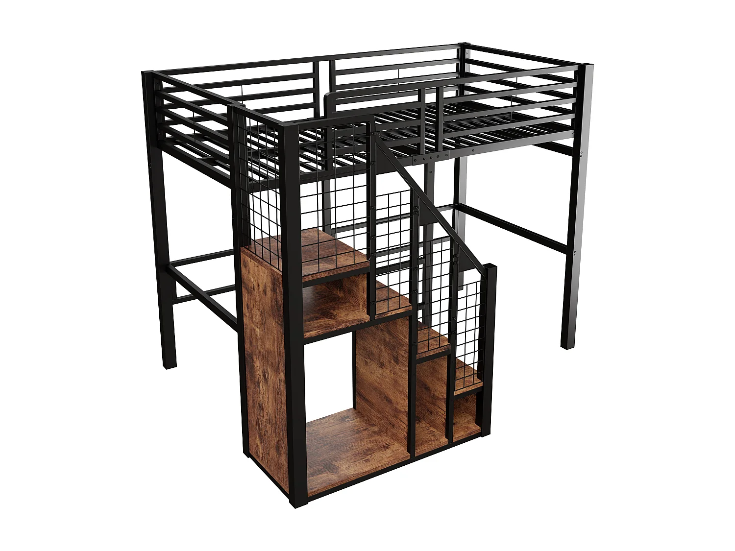 Lit mezzanine enfant 90x200 cm en métal noir avec rangements et étagère