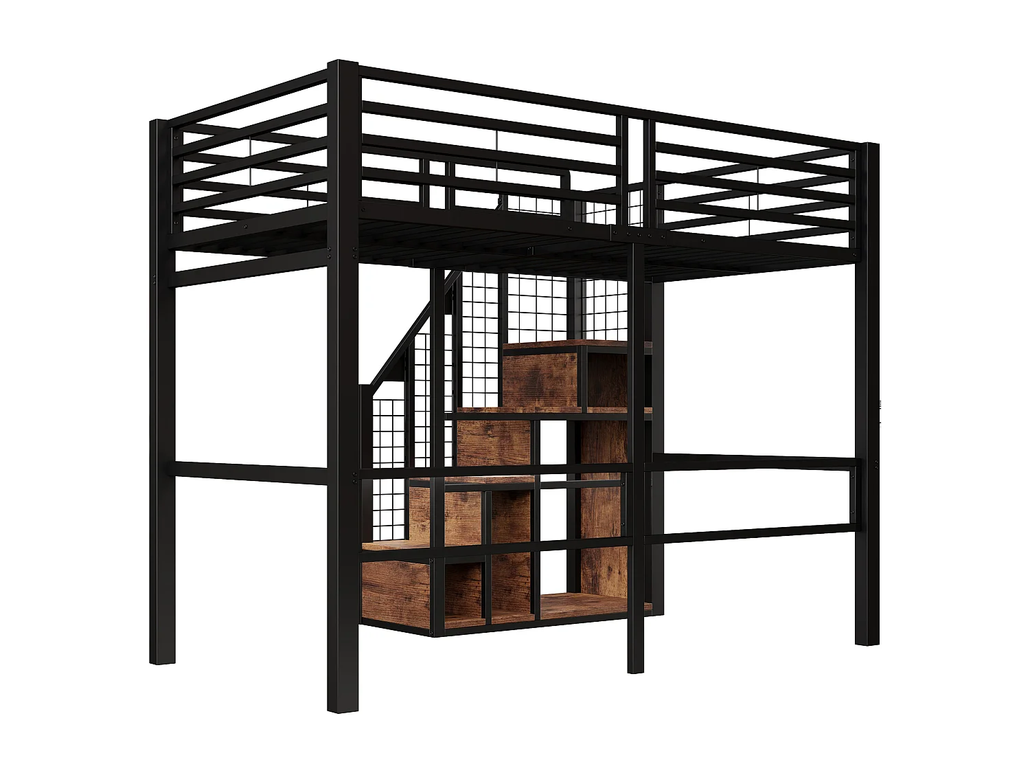Lit mezzanine enfant 90x200 cm en métal noir avec rangements et étagère