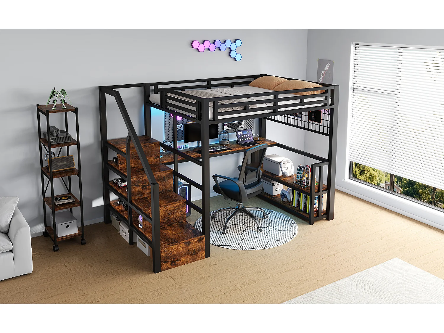 Lit mezzanine 140 x 200 cm avec étagère, LED et bureau , 2 ports USB - Métal +bois - Noir