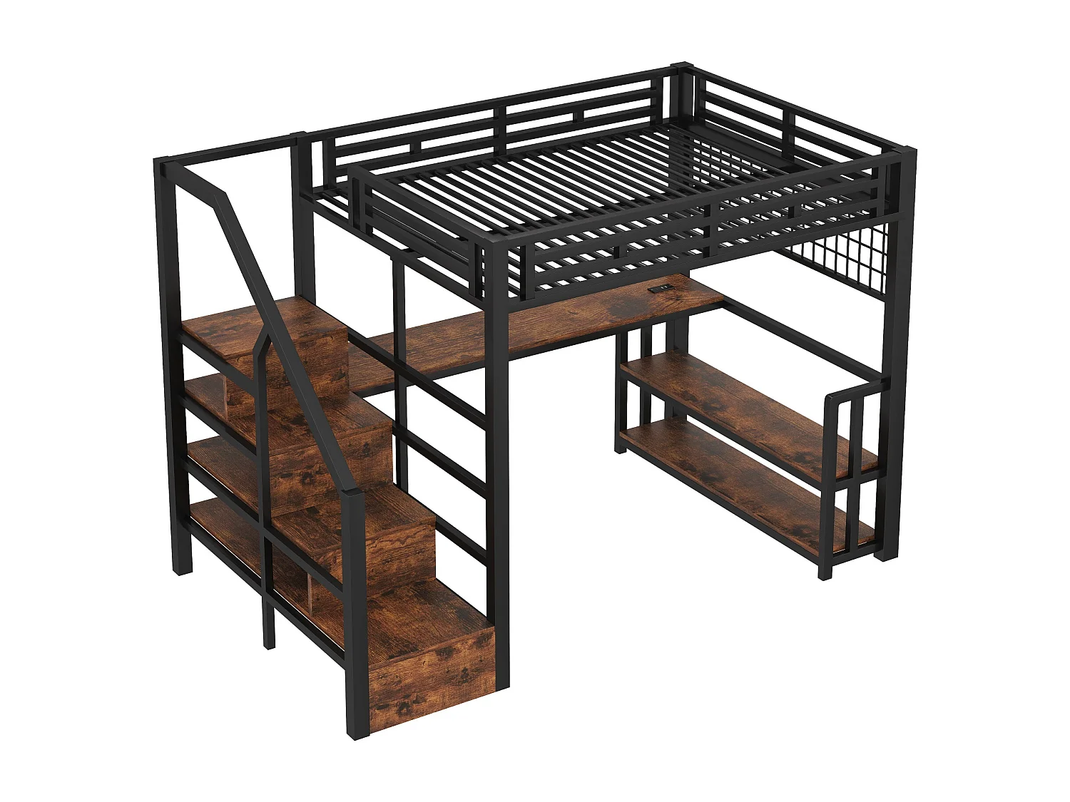 Lit mezzanine 140 x 200 cm avec étagère, LED et bureau , 2 ports USB - Métal +bois - Noir