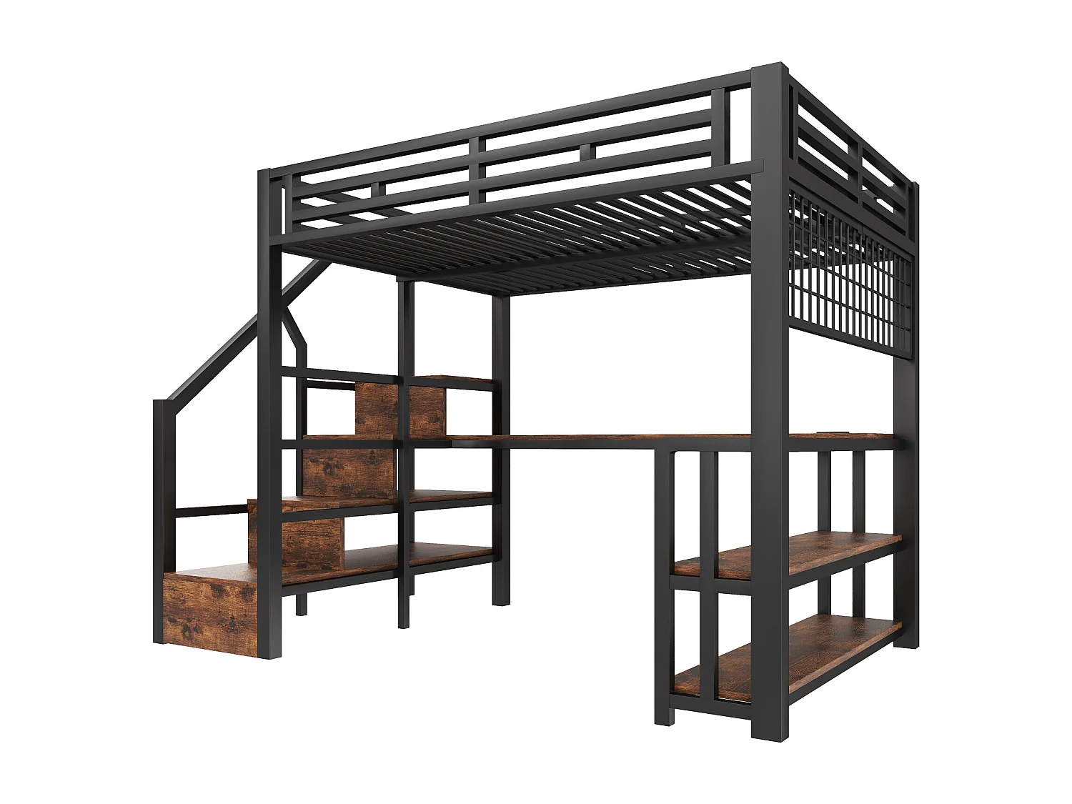 Lit mezzanine 140 x 200 cm avec étagère, LED et bureau , 2 ports USB - Métal +bois - Noir