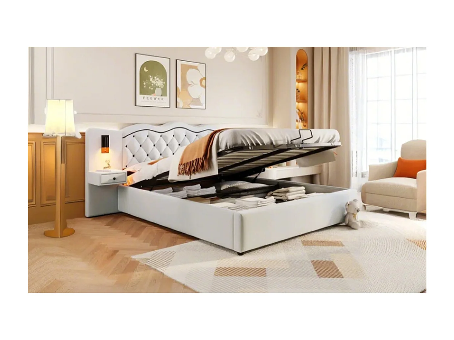 Lit adulte coffre 180x200 cm avec lampes, 2 chevets de table et ports USB - Tissu lin beige