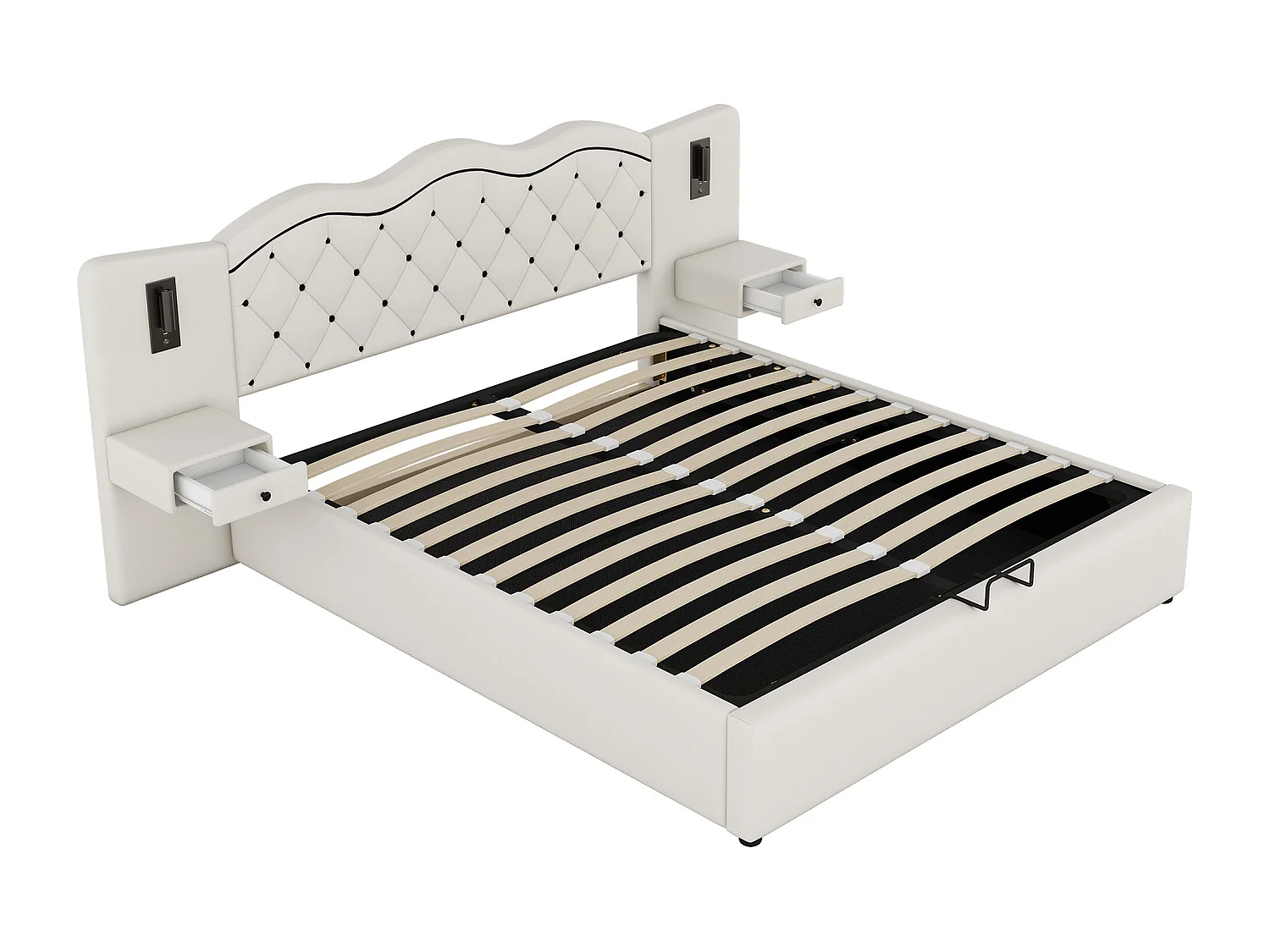 Lit adulte coffre 180x200 cm avec lampes, 2 chevets de table et ports USB - Tissu lin beige