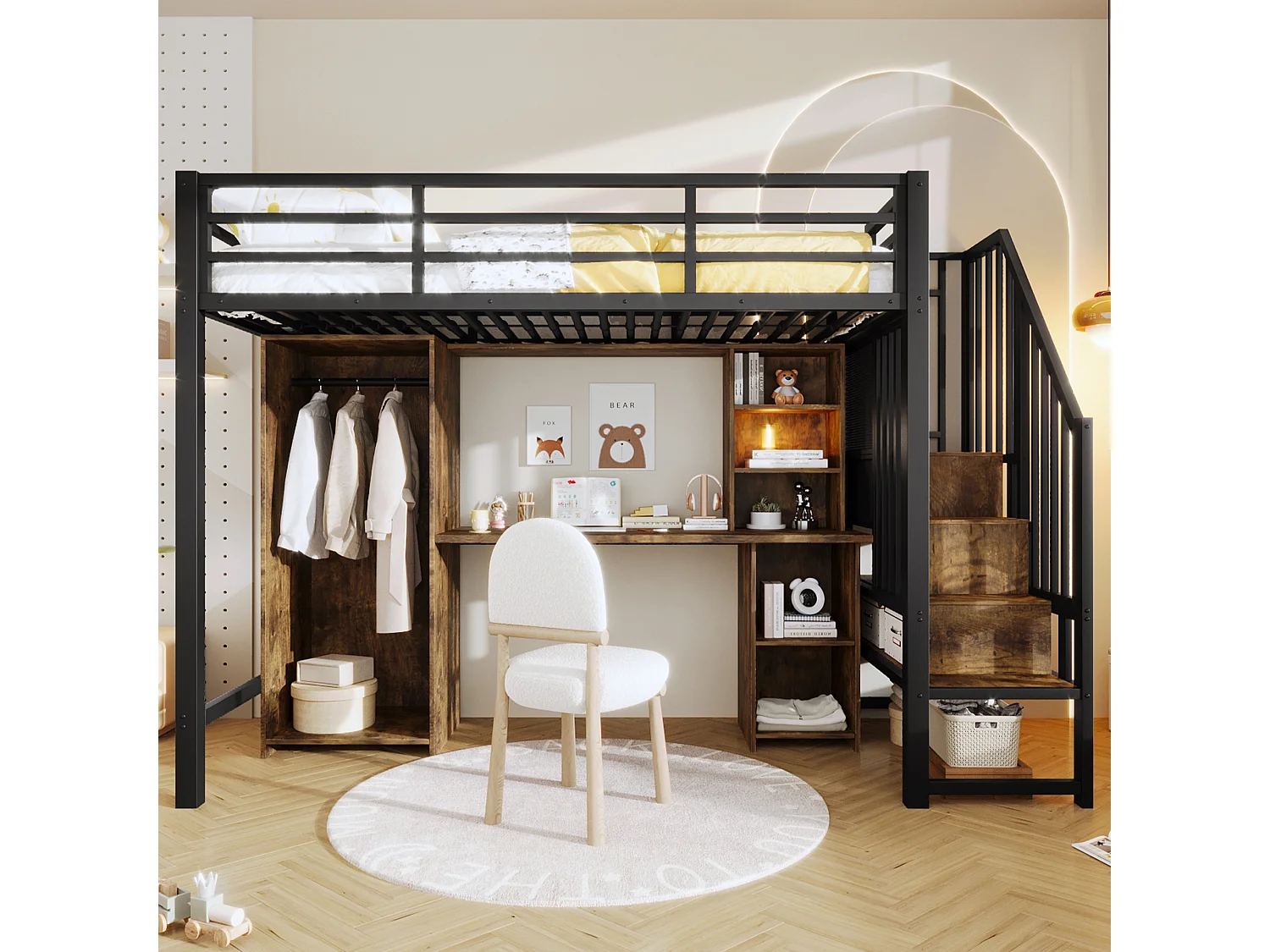 Lit mezzanine 90 x 200 cm avec rangements, armoire et bureau - Structure en fer - Noir et bois foncé