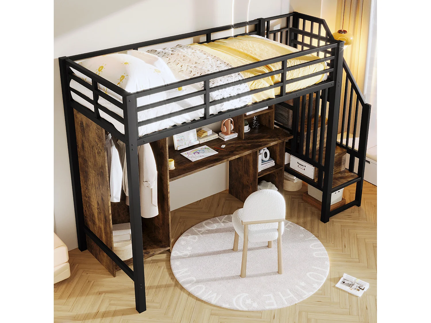 Lit mezzanine 90 x 200 cm avec rangements, armoire et bureau - Structure en fer - Noir et bois foncé