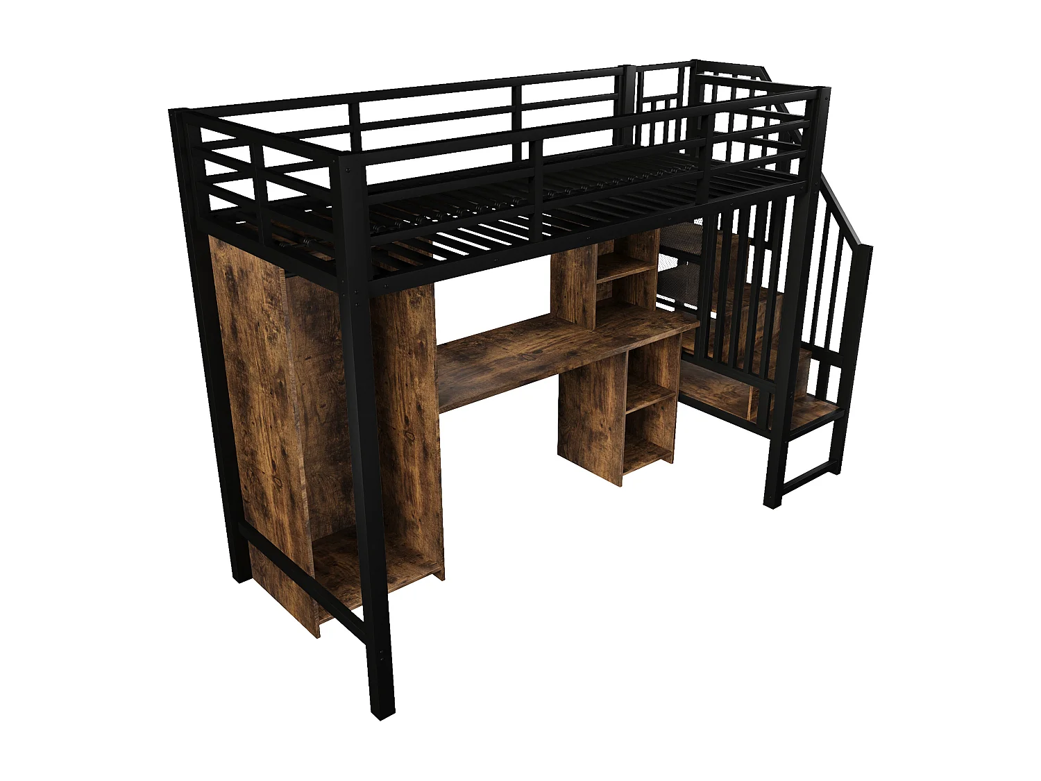 Lit mezzanine 90 x 200 cm avec rangements, armoire et bureau - Structure en fer - Noir et bois foncé