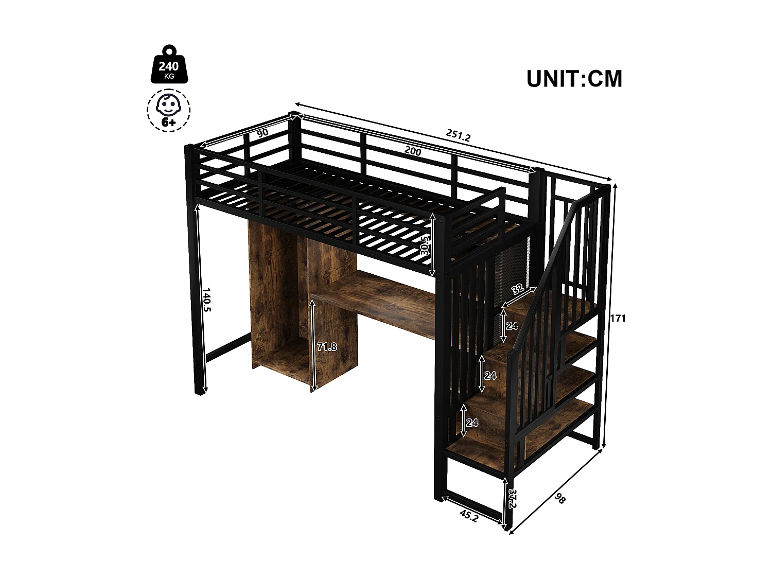 Lit mezzanine 90 x 200 cm avec rangements, armoire et bureau - Structure en fer - Noir et bois foncé