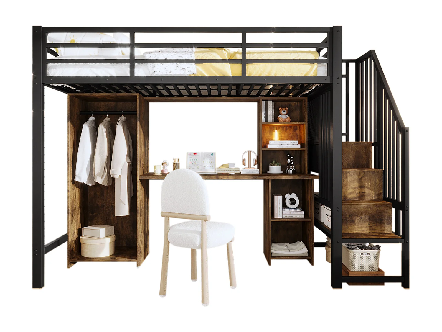 Lit mezzanine 90 x 200 cm avec rangements, armoire et bureau - Structure en fer - Noir et bois foncé