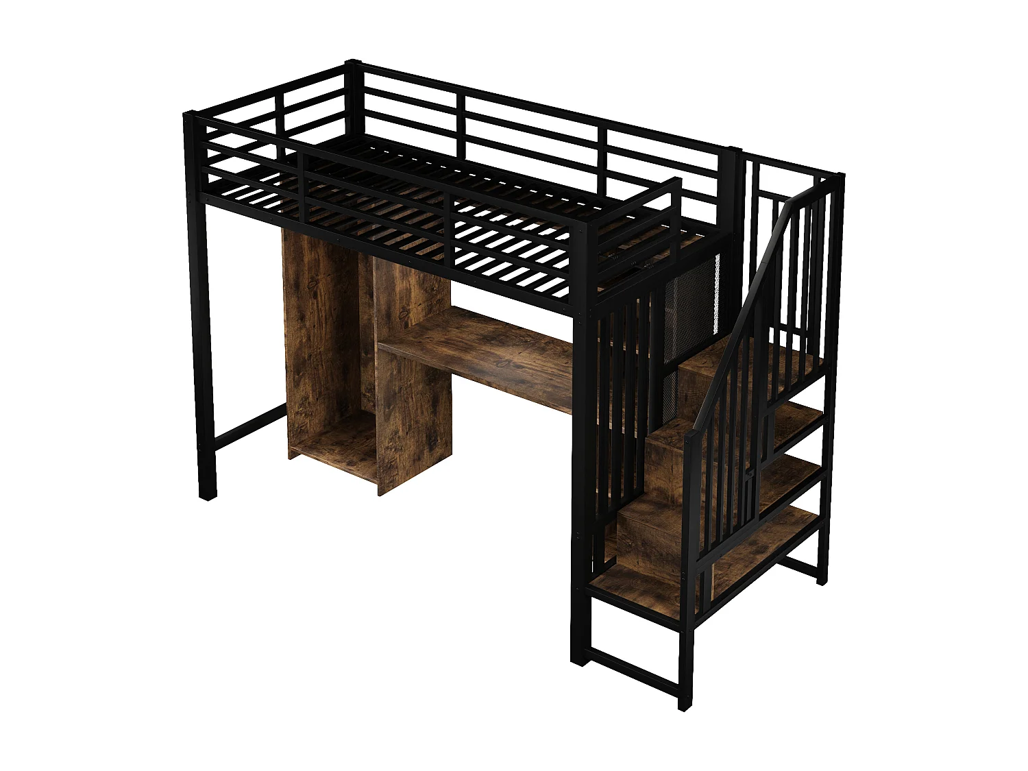 Lit mezzanine 90 x 200 cm avec rangements, armoire et bureau - Structure en fer - Noir et bois foncé