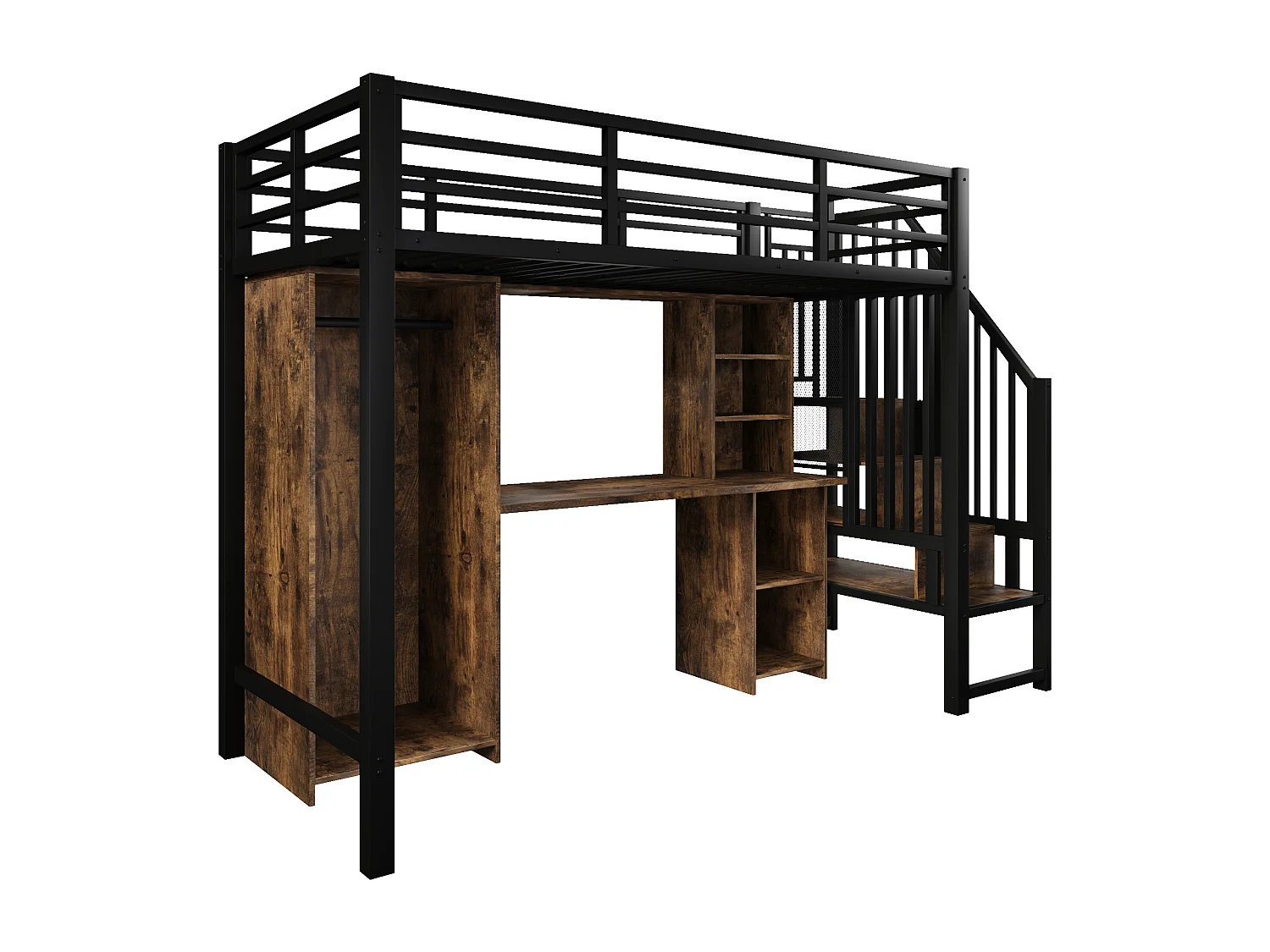 Lit mezzanine 90 x 200 cm avec rangements, armoire et bureau - Structure en fer - Noir et bois foncé