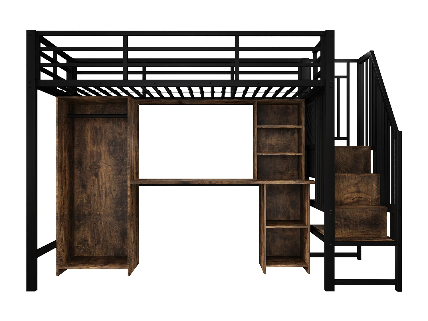 Lit mezzanine 90 x 200 cm avec rangements, armoire et bureau - Structure en fer - Noir et bois foncé