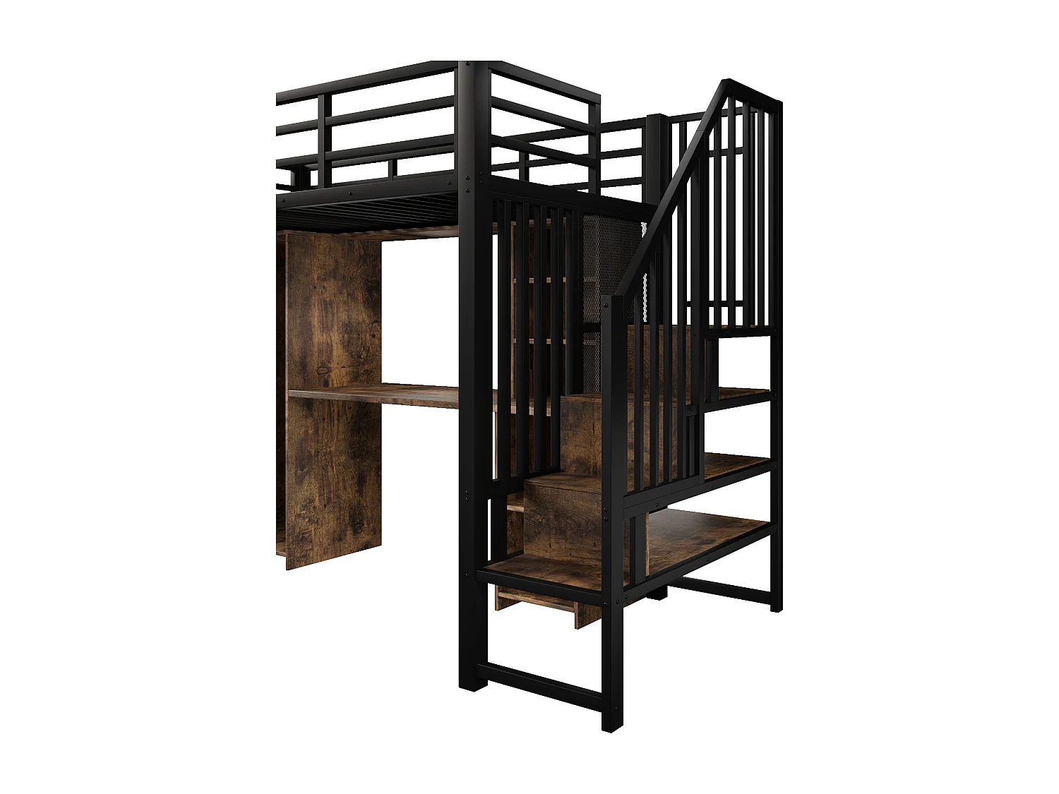 Lit mezzanine 90 x 200 cm avec rangements, armoire et bureau - Structure en fer - Noir et bois foncé