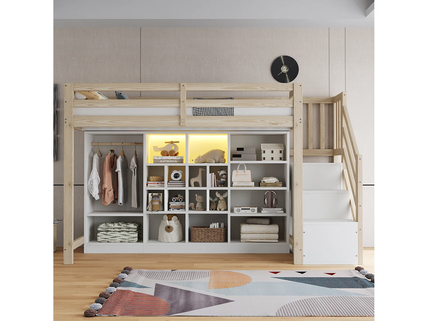 Letto a soppalco 90 x 200 cm con scomparti multipli e armadio, illuminazione a LED - Luce naturale e bianca