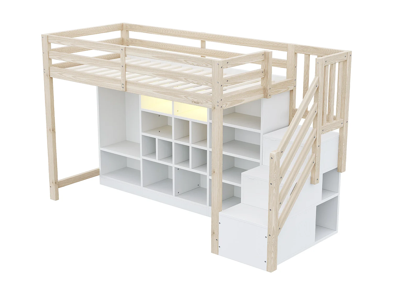 Letto a soppalco 90 x 200 cm con scomparti multipli e armadio, illuminazione a LED - Luce naturale e bianca