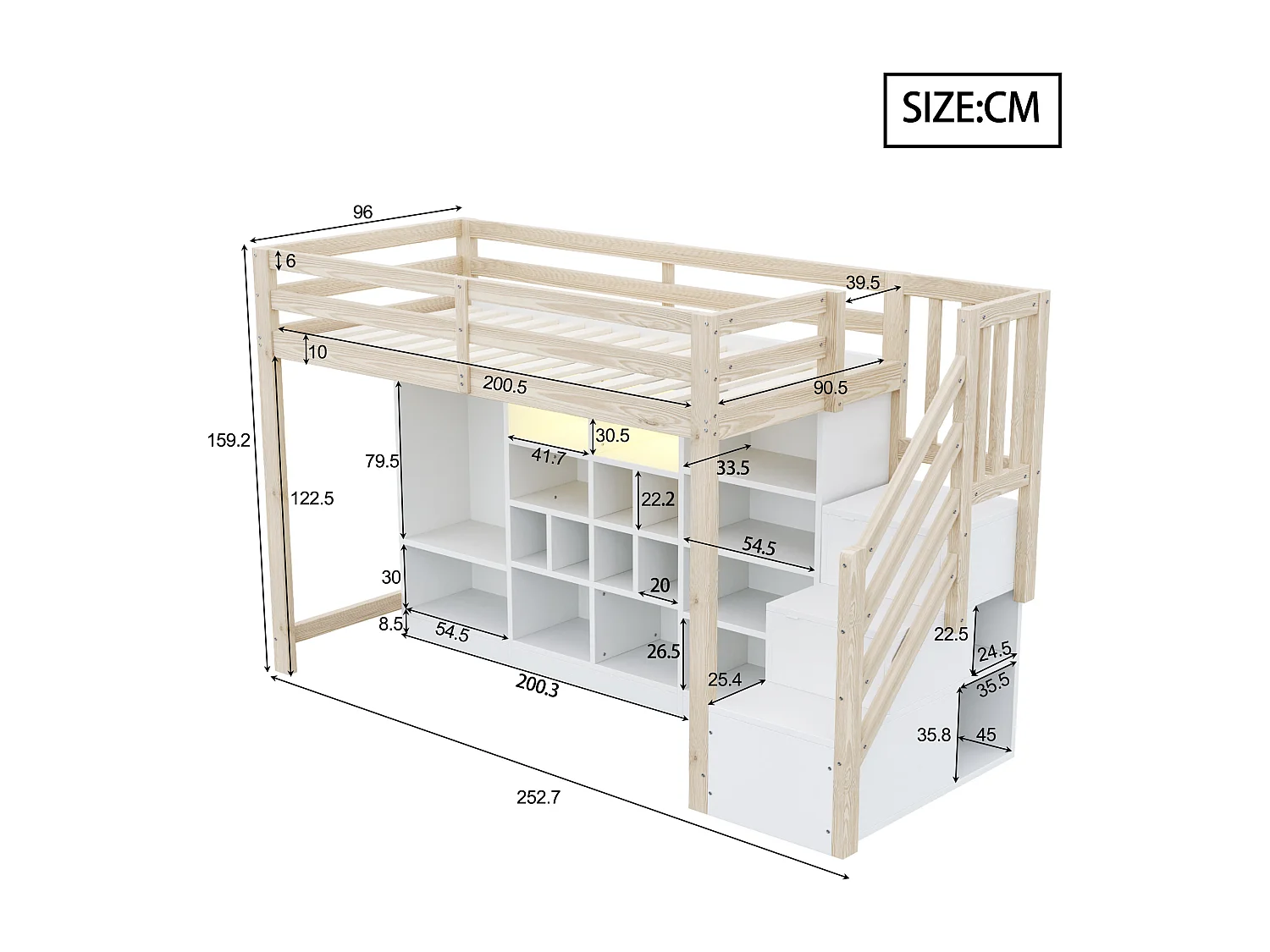 Letto a soppalco 90 x 200 cm con scomparti multipli e armadio, illuminazione a LED - Luce naturale e bianca