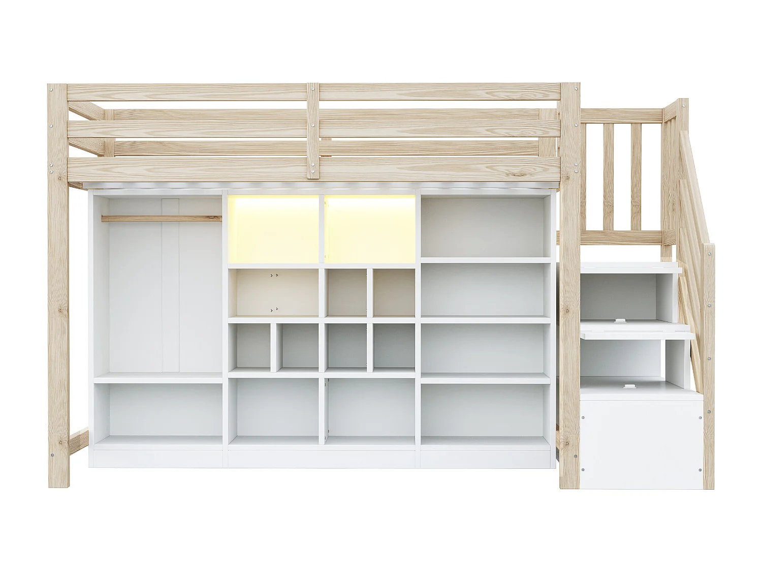 Letto a soppalco 90 x 200 cm con scomparti multipli e armadio, illuminazione a LED - Luce naturale e bianca