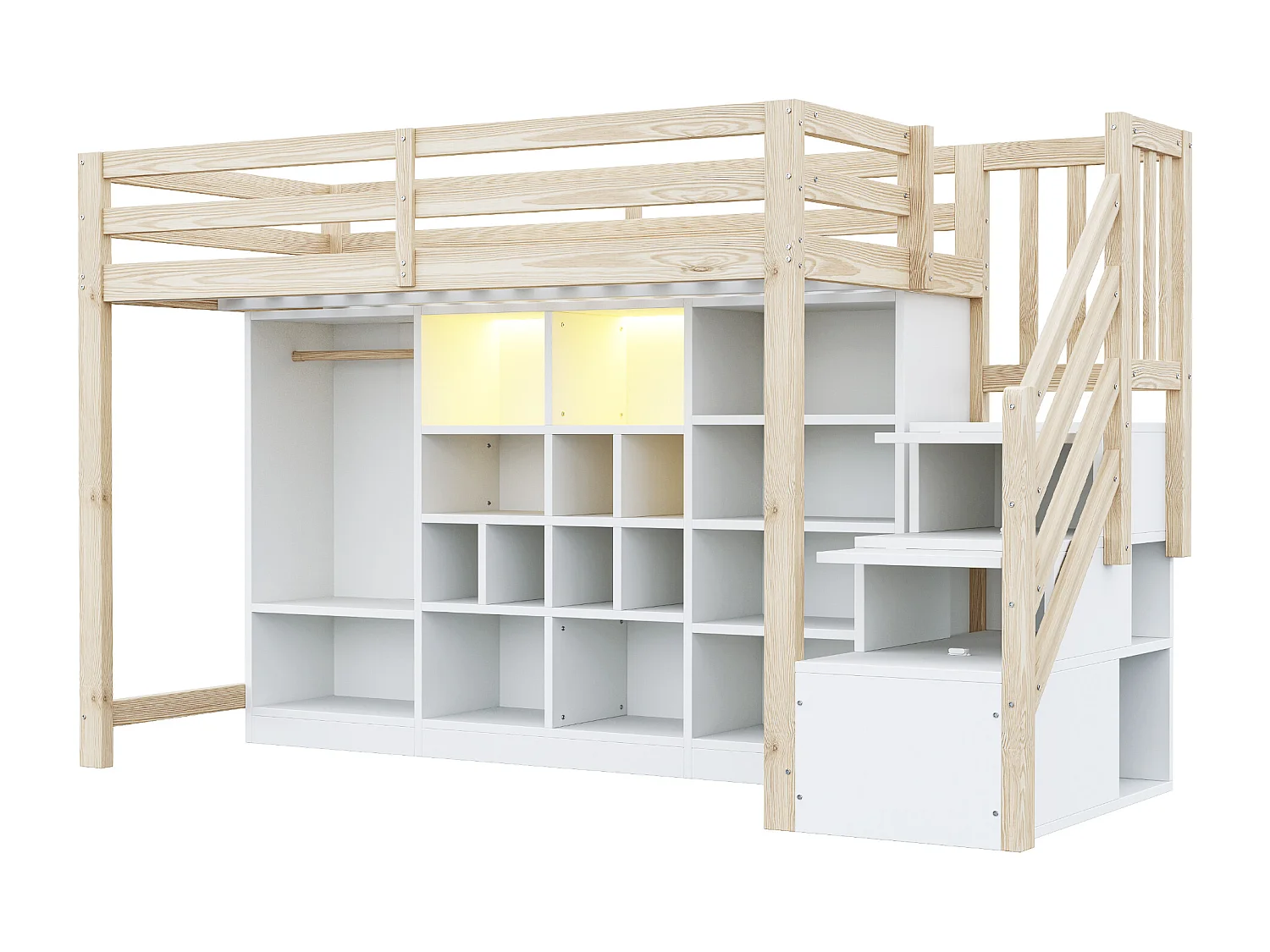 Letto a soppalco 90 x 200 cm con scomparti multipli e armadio, illuminazione a LED - Luce naturale e bianca