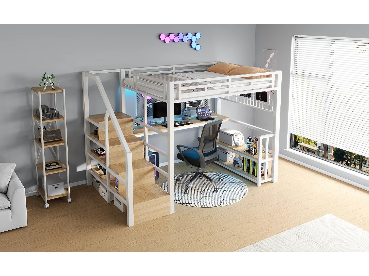 Lit mezzanine 140 x 200 cm avec étagère, LED et bureau , 2 ports USB - Métal +bois - Blanc