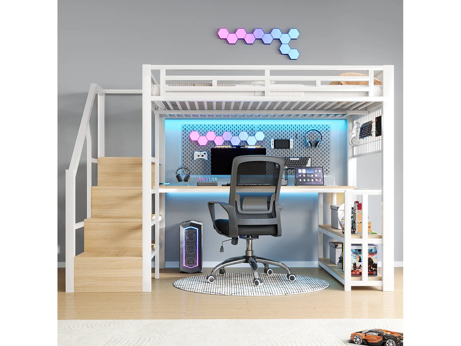 Lit mezzanine 140 x 200 cm avec étagère, LED et bureau , 2 ports USB - Métal +bois - Blanc