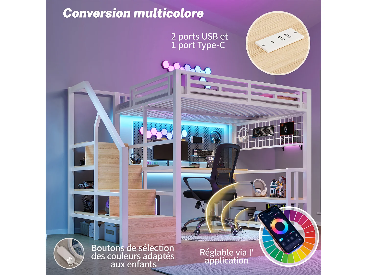 Lit mezzanine 140 x 200 cm avec étagère, LED et bureau , 2 ports USB - Métal +bois - Blanc