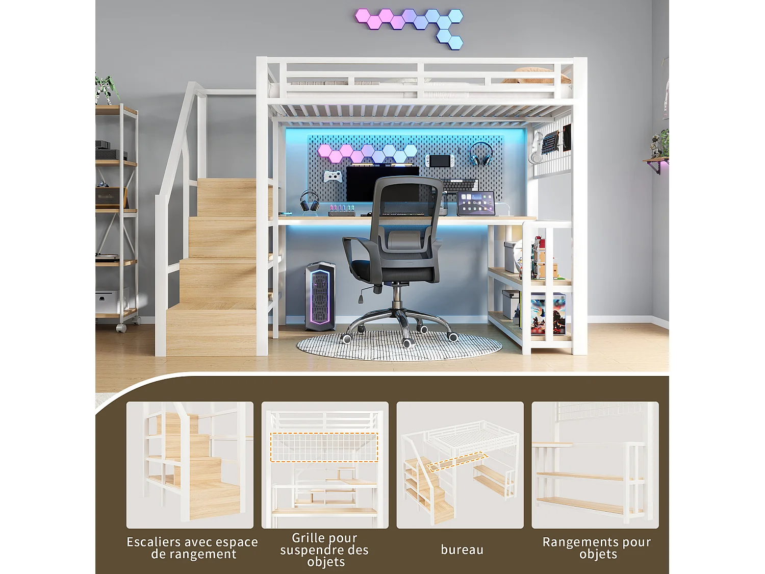 Lit mezzanine 140 x 200 cm avec étagère, LED et bureau , 2 ports USB - Métal +bois - Blanc